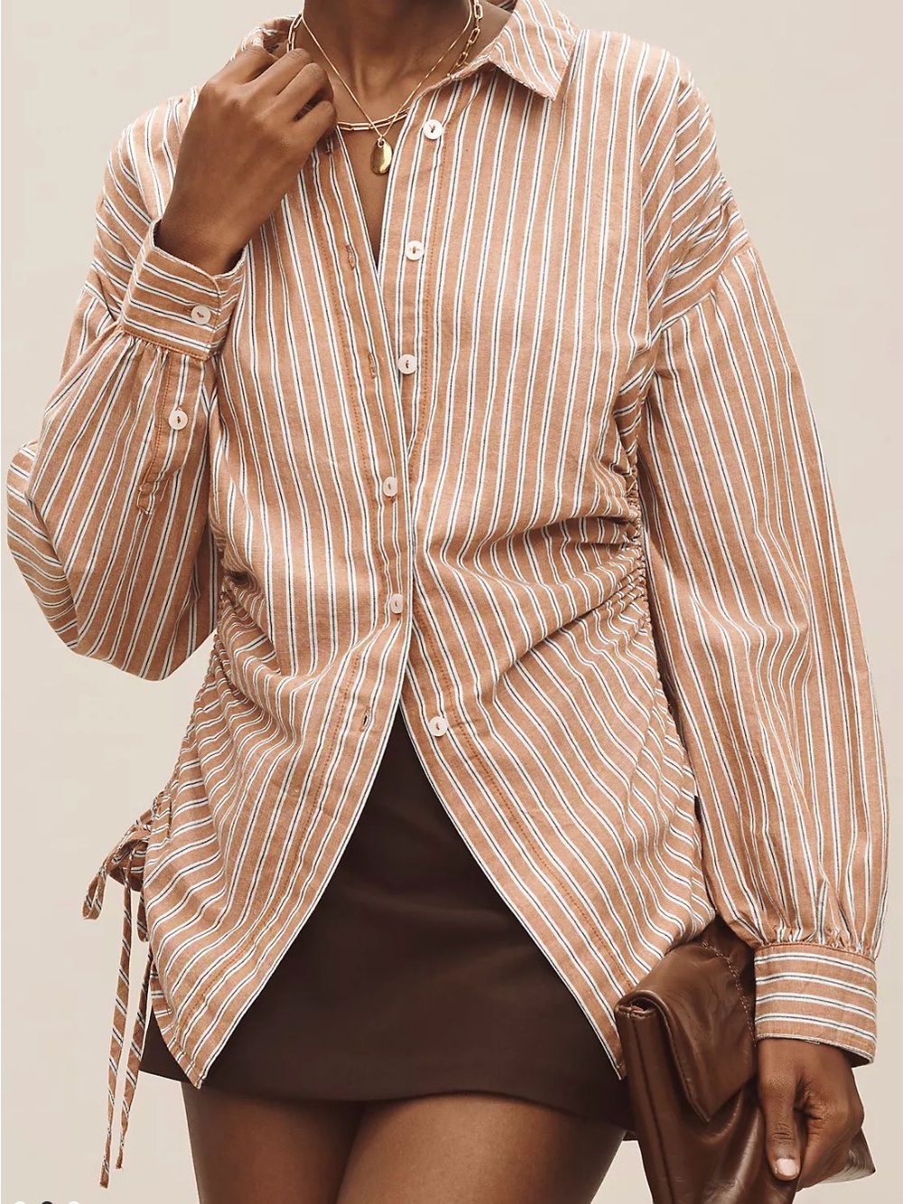 Anthropologie Reworked Ruched Buttondown XL Pilcro Stripe Tan SOLD OUT NWT $108